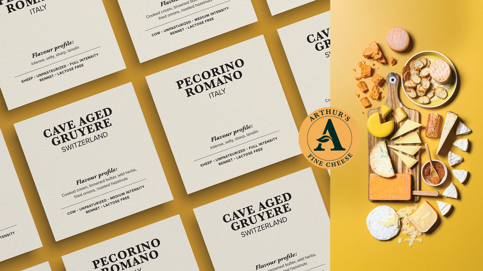 Cheese product description cards on yellow background