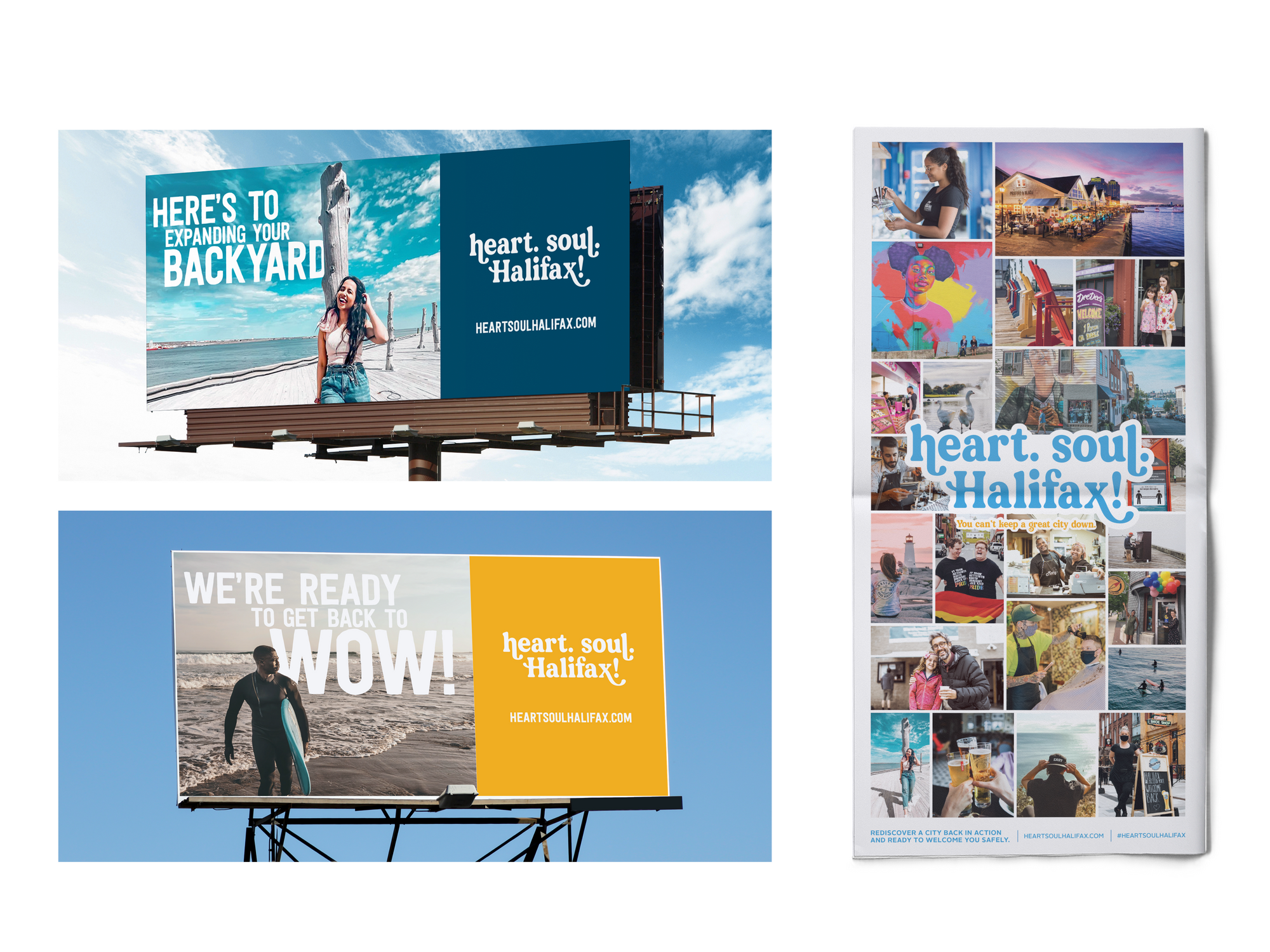 Discover Halifax's 'heart. soul. Halifax!' campaign billboards (2) and full page newspaper ad in The Coast. NS imagery
