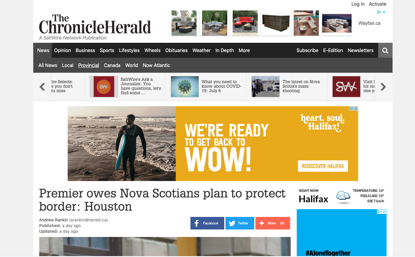 Discover Halifax's 'heart. soul. Halifax!' online ad banner shown on The Chronicle Herald homepage