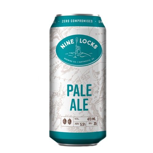 Original Nine Locks pale ale tallboy beer can with turquoise accents and logo over light grey Nova Scotian cartography