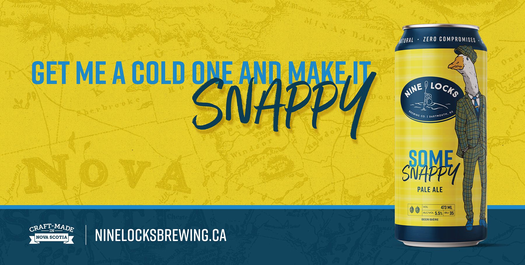 Ad banner of Nine Locks 'Some Snappy' pale ale with suited goose can on a yellow background with a navy border with link 