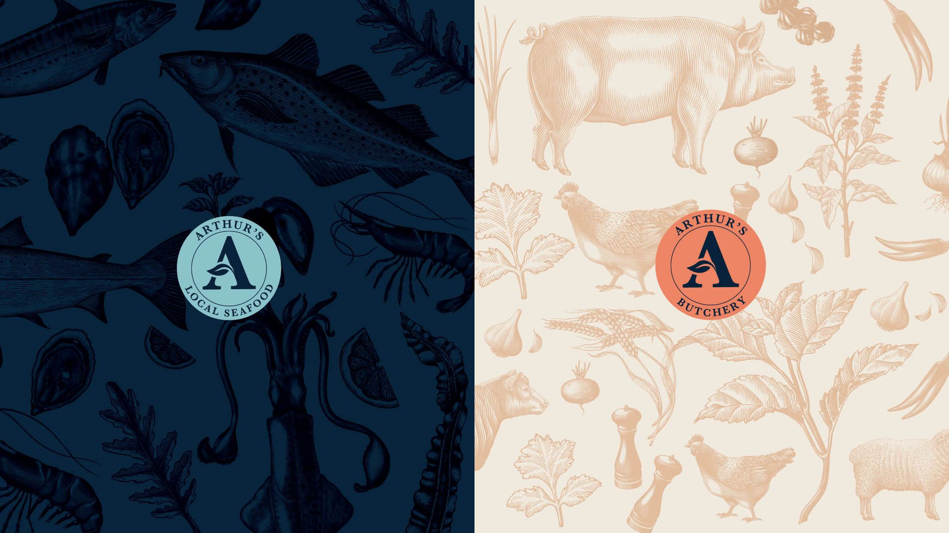 Arthur's wallpaper examples including logo and meat illustrations