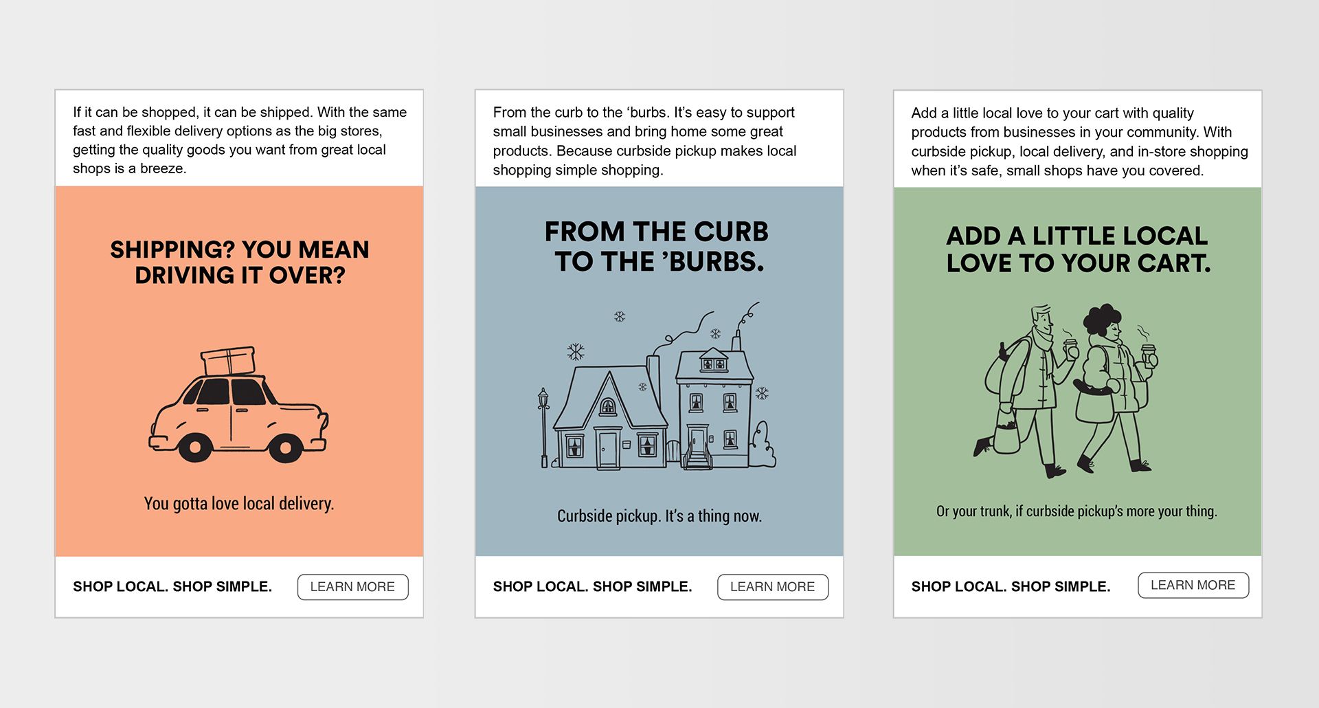 Three illustrated campaign social ads with headlines and line drawings of shopping