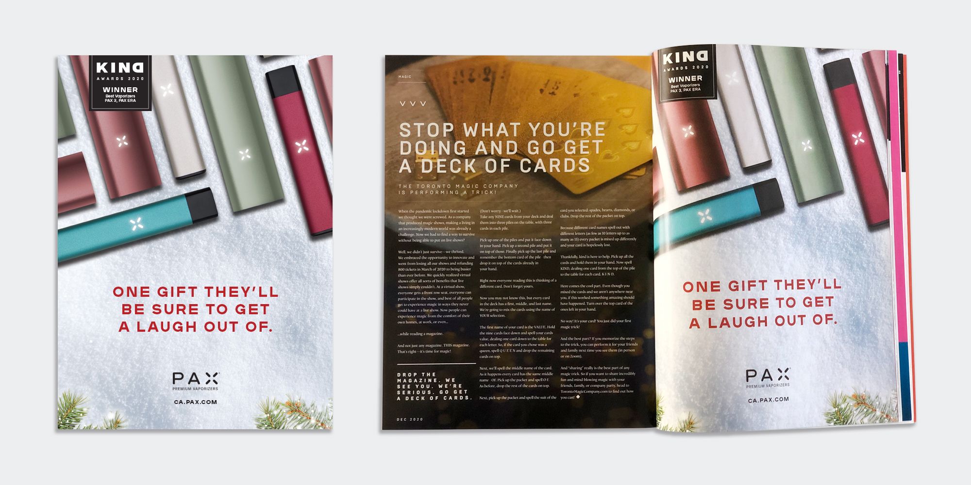 Kind magazine fold out to full page PAX holiday campaign advertisement.