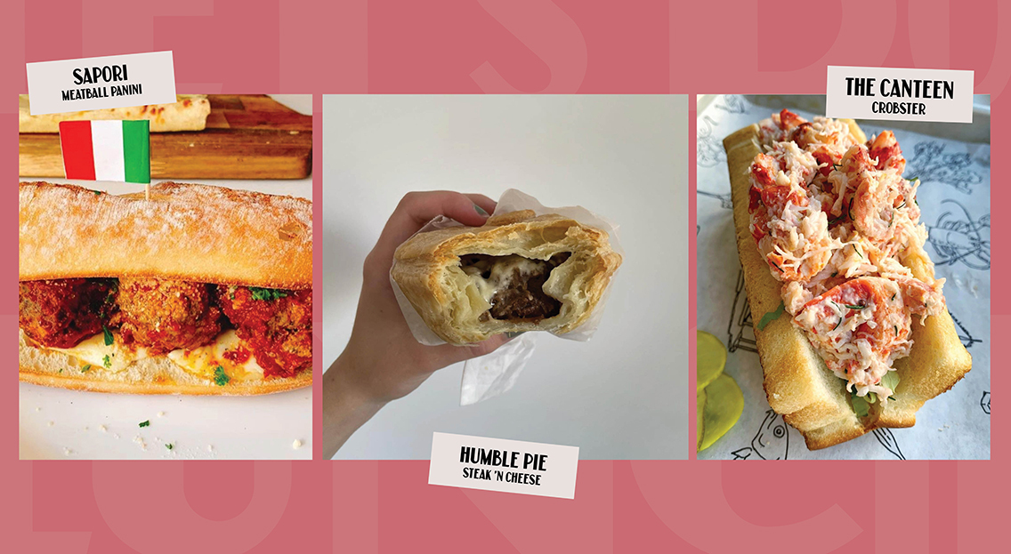 Meatball sub from Sapori, a meat pie from Humble Pie, and a Lobster and Crab Roll from The Canteen 