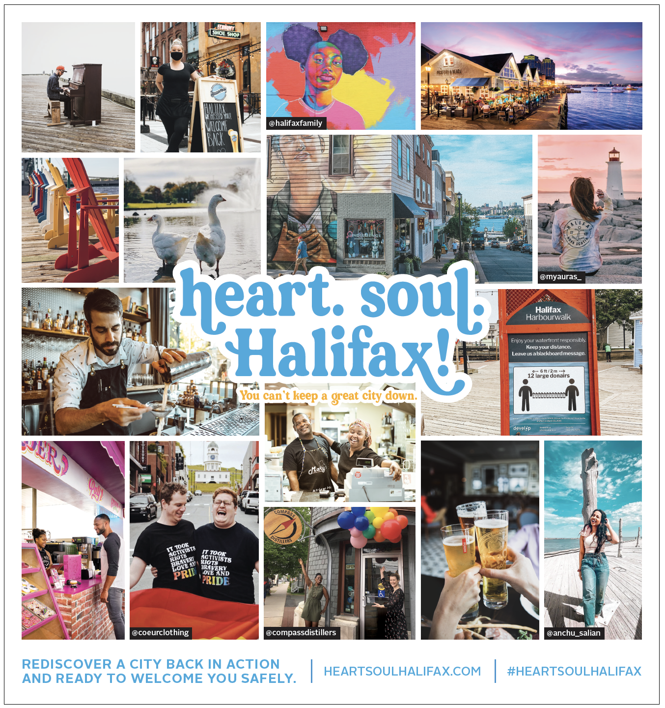 Colourful 16 photo collage with people, places and activities in Halifax. Backdrop to bubbled text: Heart. Soul. Halifax