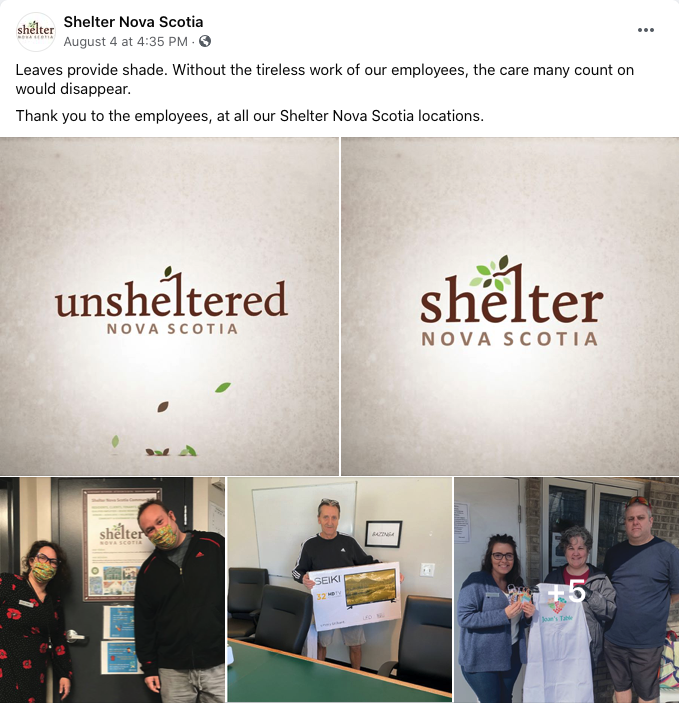 5 piece photo collage with 2 versions of Shelter NS logos (brown text over beige background) other photos with volunteers