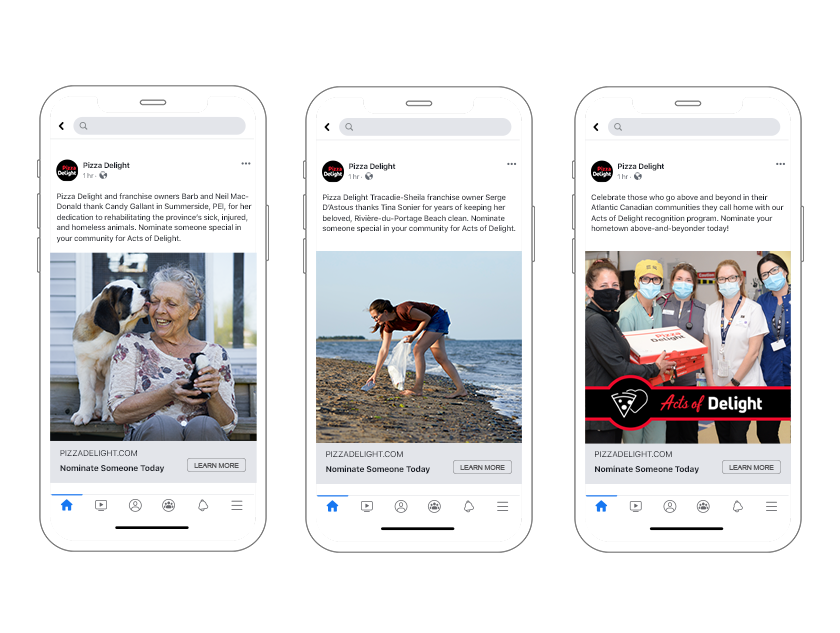 Pizza Delight Acts of Delight Facebook ads with images of people celebrated for helping others