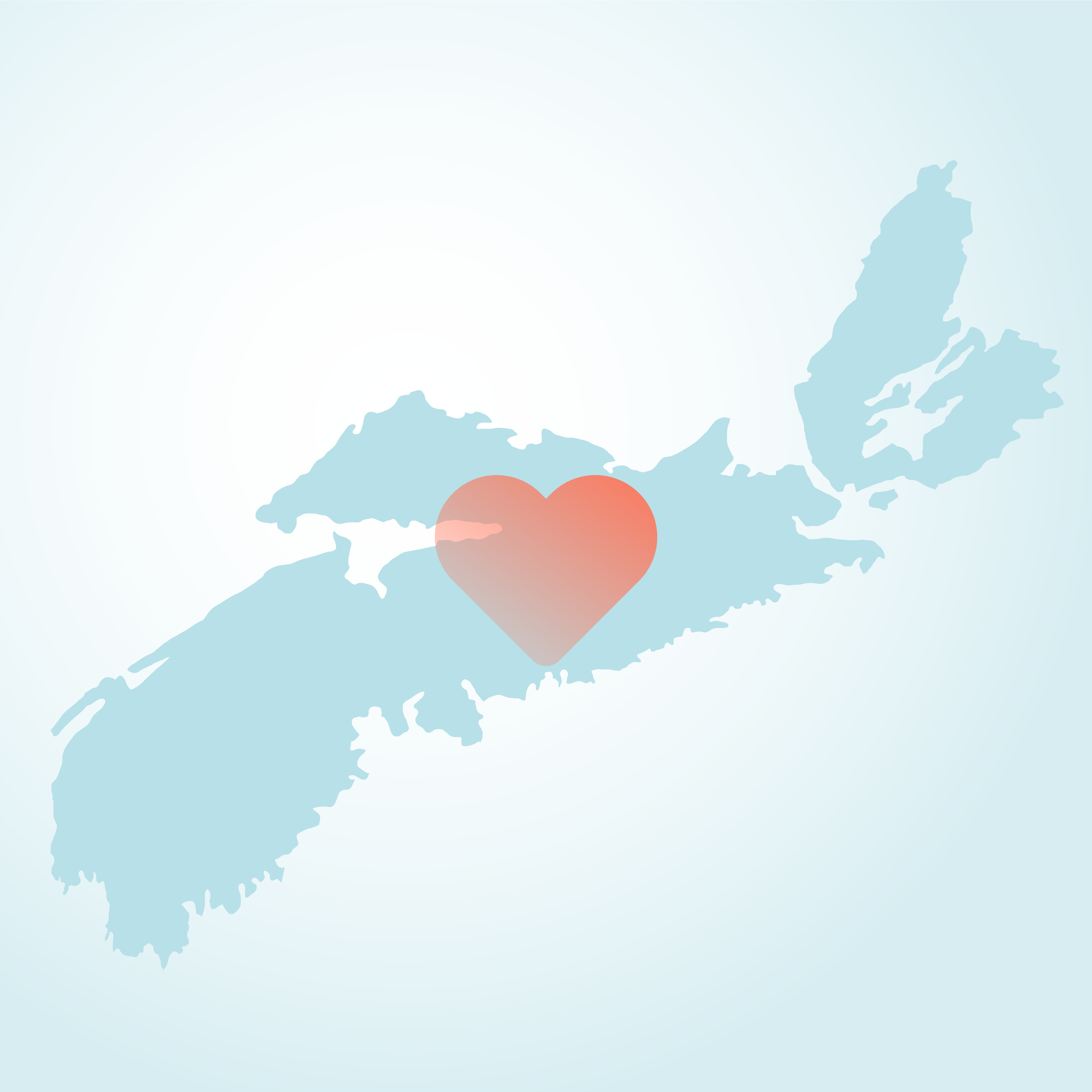 Blue outline of Nova Scotia on aqua background with muted red heart in the centre of the province symbolic of NS Strong