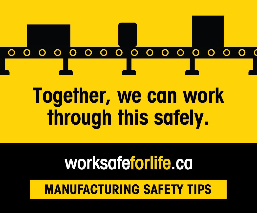 Manufacturing safety tips ad with animated conveyor belt over yellow background