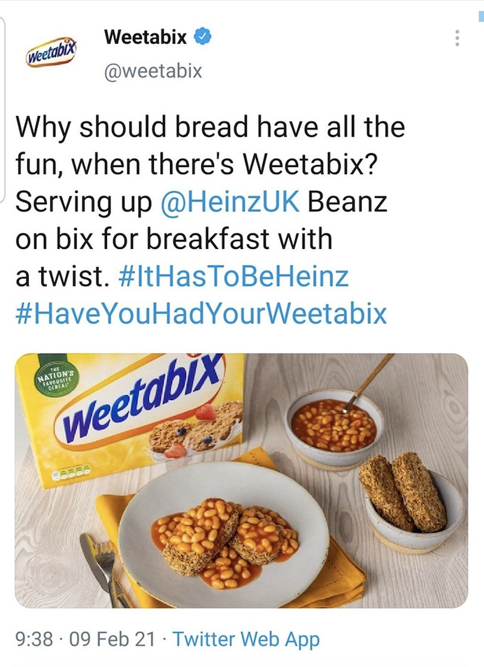 Weetabix UK cereal brand advertisement beans over cereal bars for breakfast