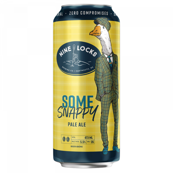 Nine Locks 'Some Snappy' pale ale can with yellow background, regal navy logo and rim plus a three-piece suited goose