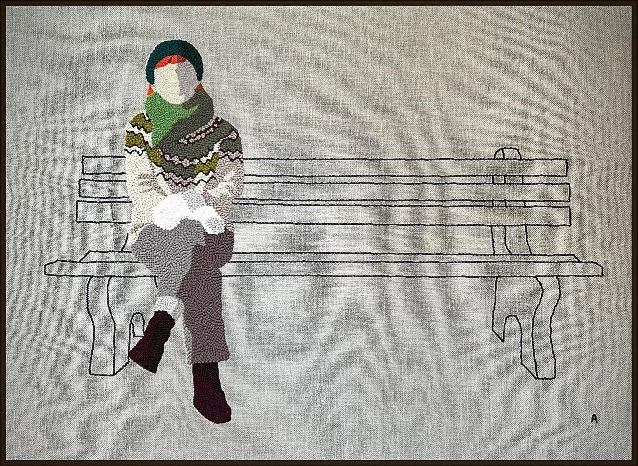 fabric art print of a person siting on a park bench