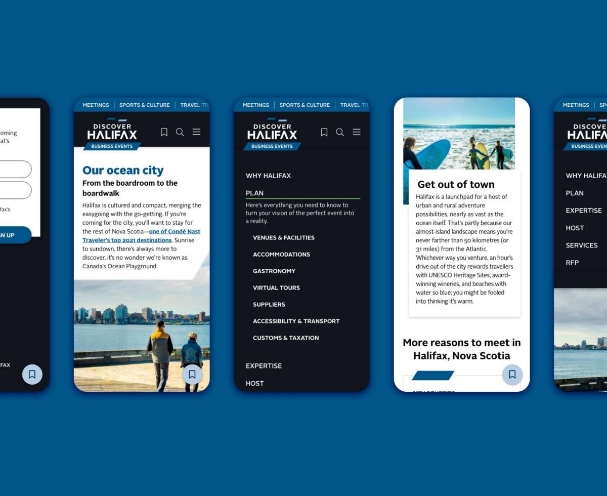 Mobile screens of the Discover Halifax Business Events website